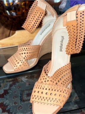 Jeffrey Campbell Tan Laser-Cut Wedge Sandals with Ankle Strap